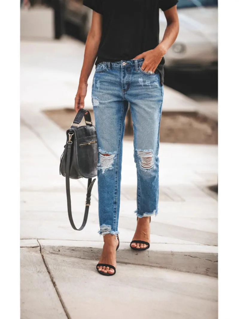 Women Ripped Straight Leg Jeans Cotton Denim Distressed Frayed Hem Water Washed Casual Commuting Streetwear Long Pants
