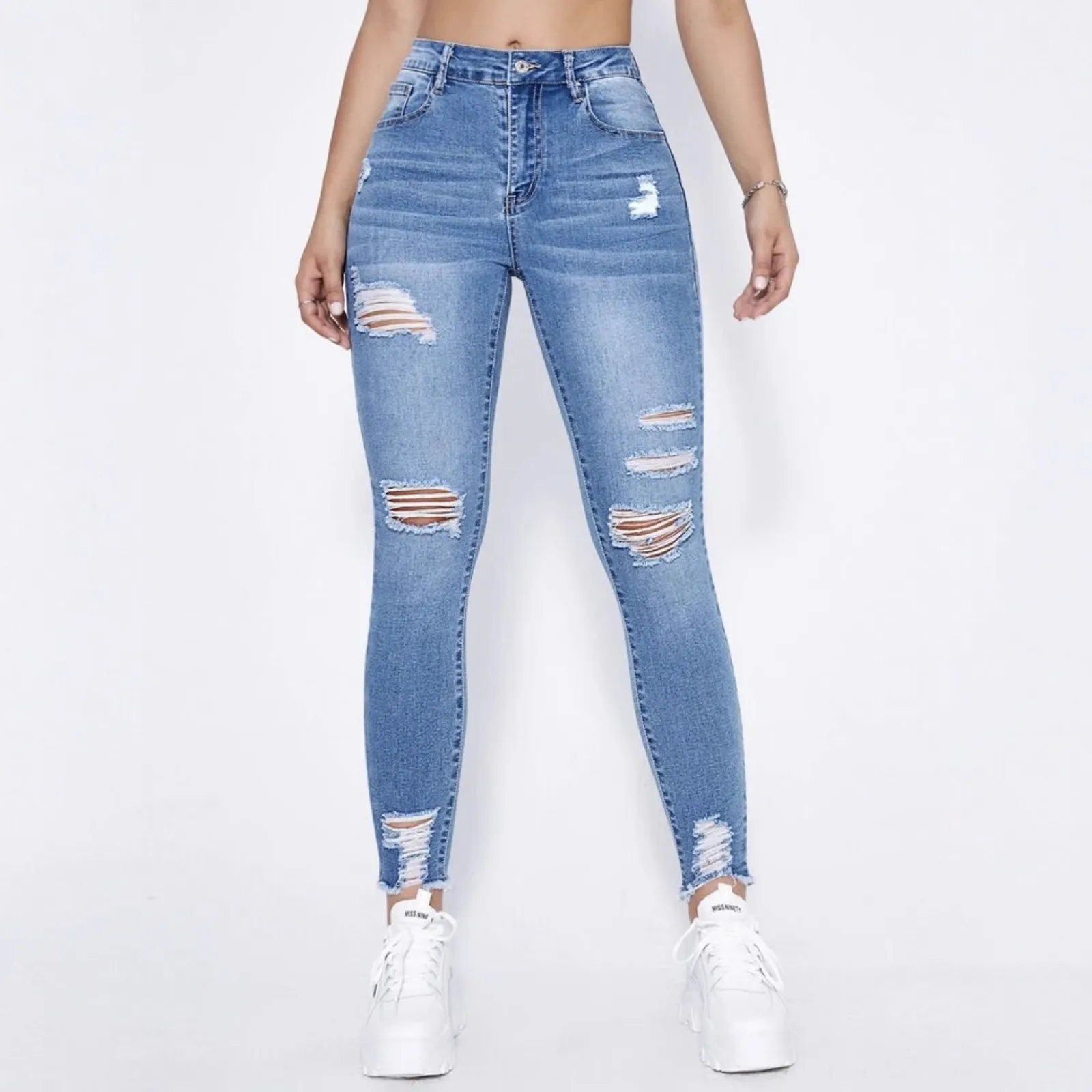 Damen Zerrissen Skinny Jeans Hohe Taille Elastisch Denim Hose Schmal Geschnitten Vintage Gewaschen Rohkante Bleistifthose Unterteil