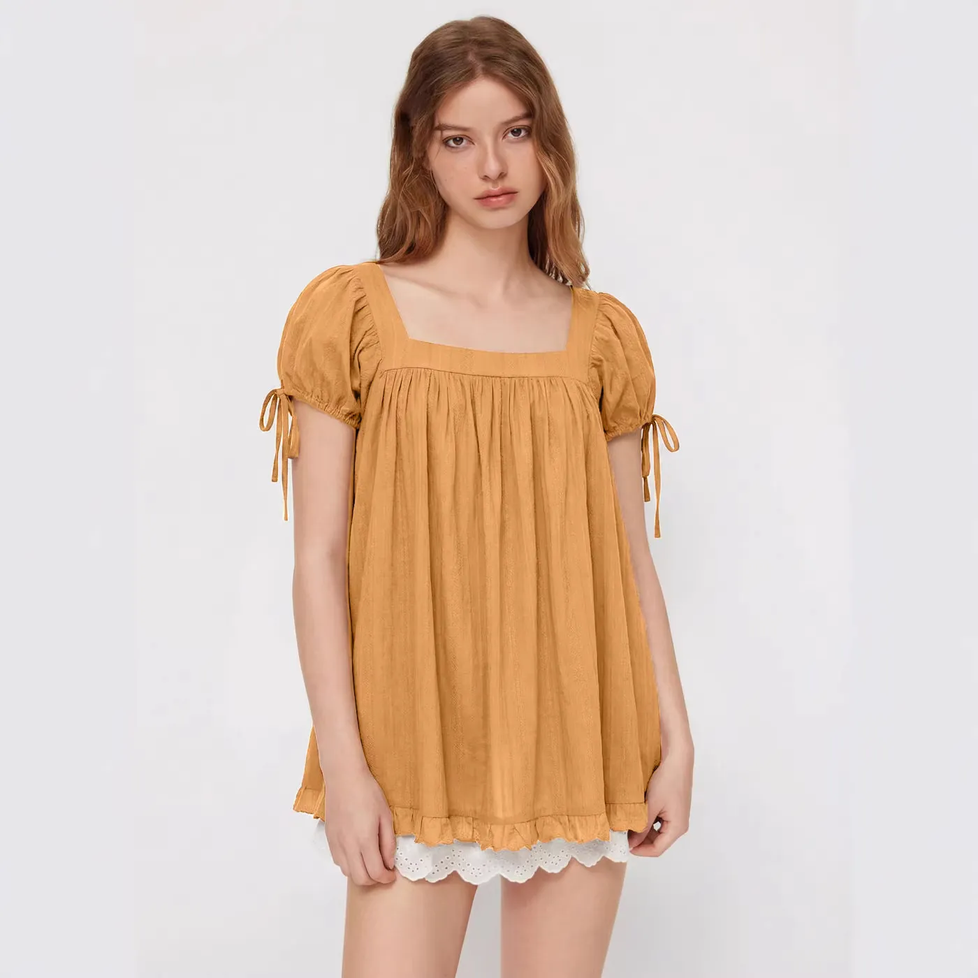 Women Casual Square Neck Ruffle Hem Blouse Puff Short Sleeve Bow Tie Cuff Solid Color Polyester Top