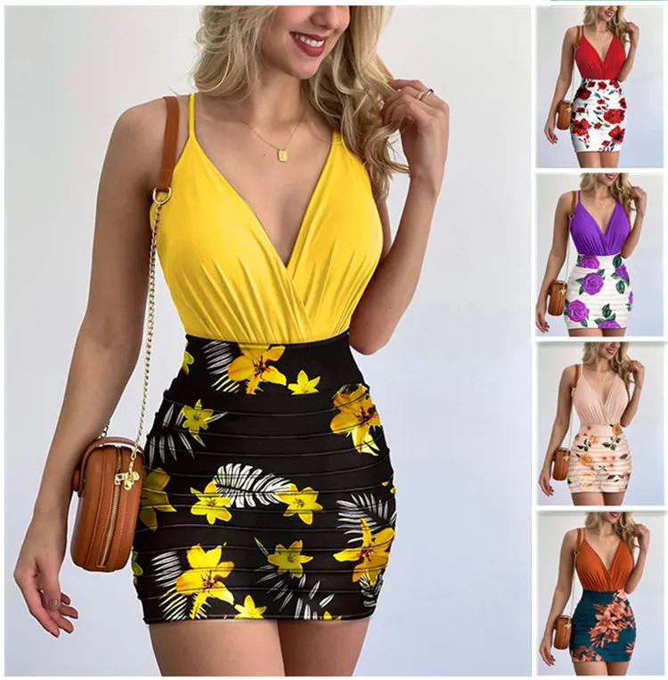 Women's Sexy V Neck Floral Print Patchwork Bodycon Mini Dress Summer Slim Fit Sleeveless Ruched Party Club Dress