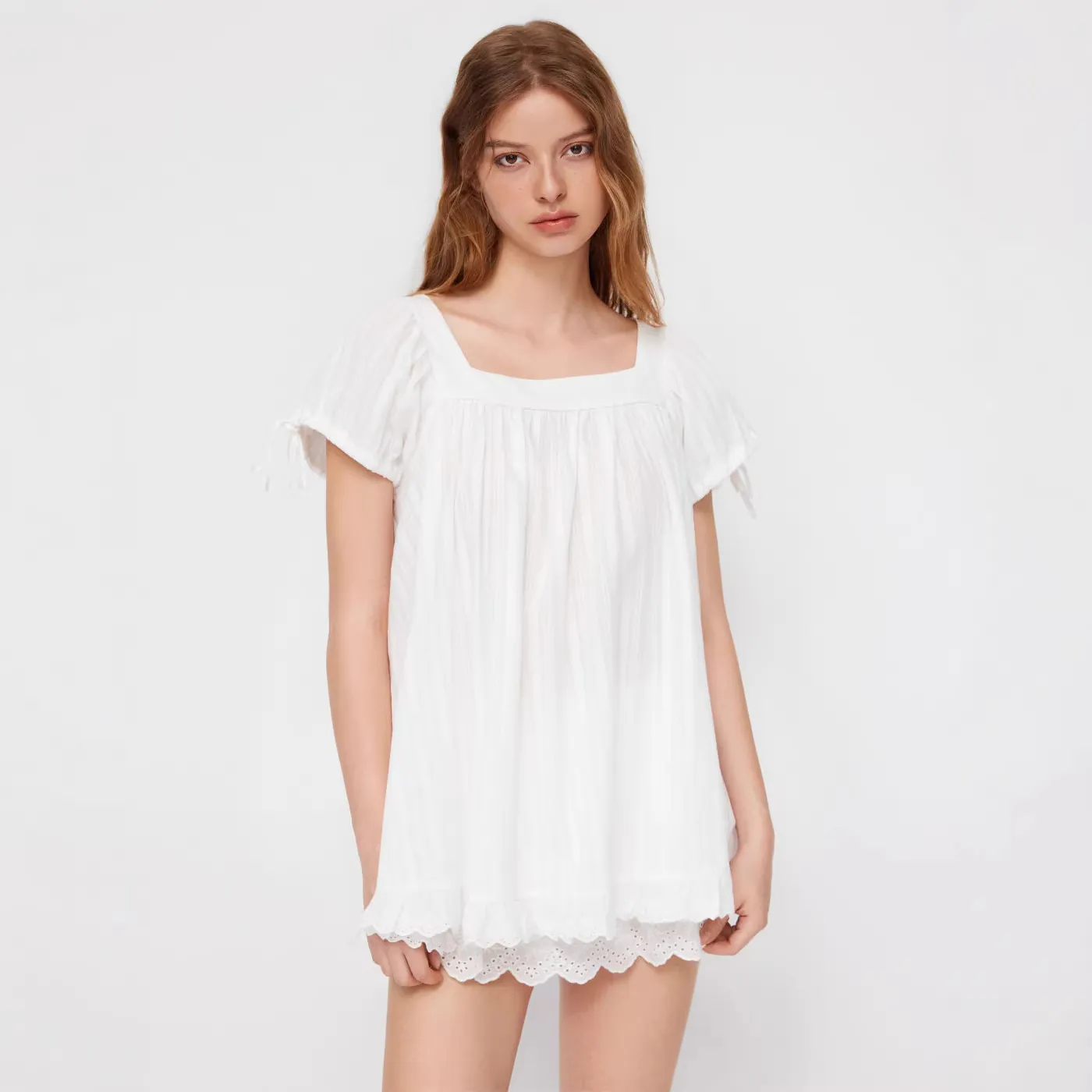 Damen Casual Quadratischer Ausschnitt Rüsche Geschnürt Kurzarm Hemd Lose Passform Einfarbig Mode Elegante Bluse Top