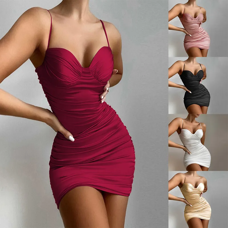 Vestito da Donna Sexy Arricciato Bodycon Cami Scollo a Cuore Spalline Sottili Senza Schienale Mini Vestito Vita Alta Senza Maniche Party