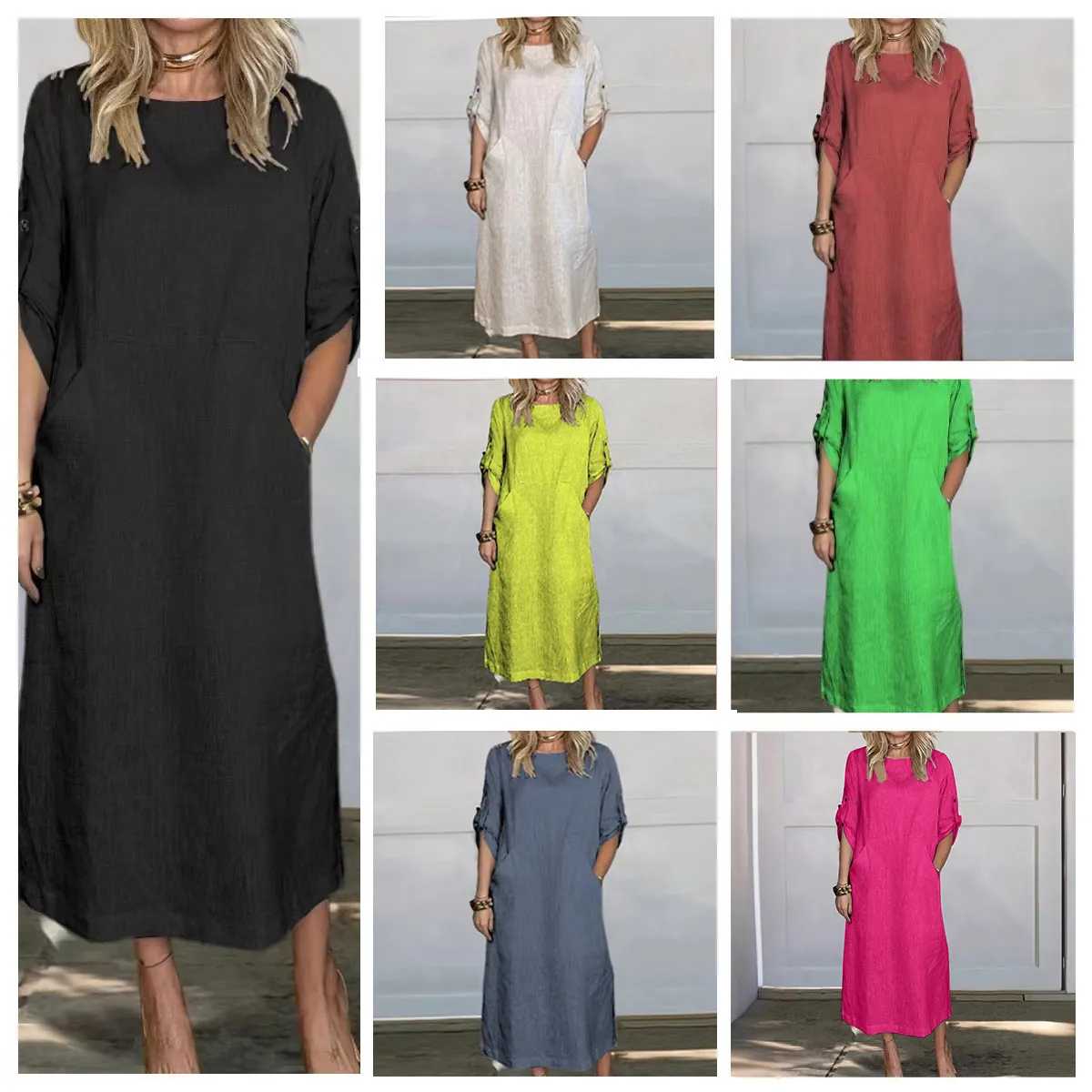Women Casual Cotton Linen Maxi Dress Solid Color Short Sleeve Round Neck Loose Fit Summer Tunic Dress With Pockets