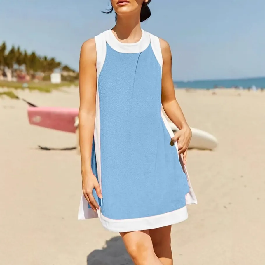 Women Casual Color Block Sleeveless Round Neck Top And Bottom Summer Beach Shorts Polyester Spandex Outfit