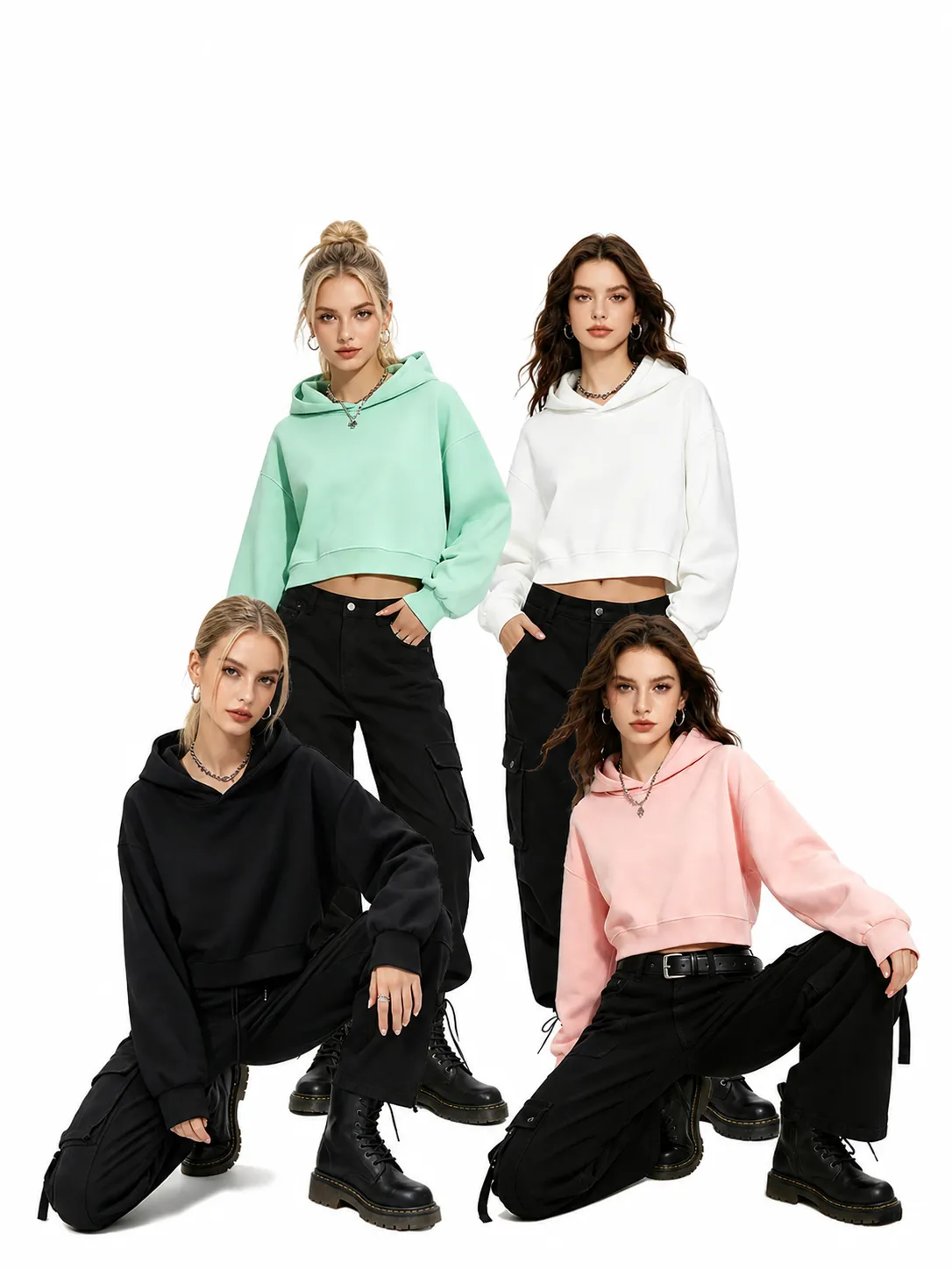 Women Casual Cotton Blend Crop Hoodie Long Sleeve Pullover High Waist Short Sweatshirt Solid Color Hooded Top Streetwear