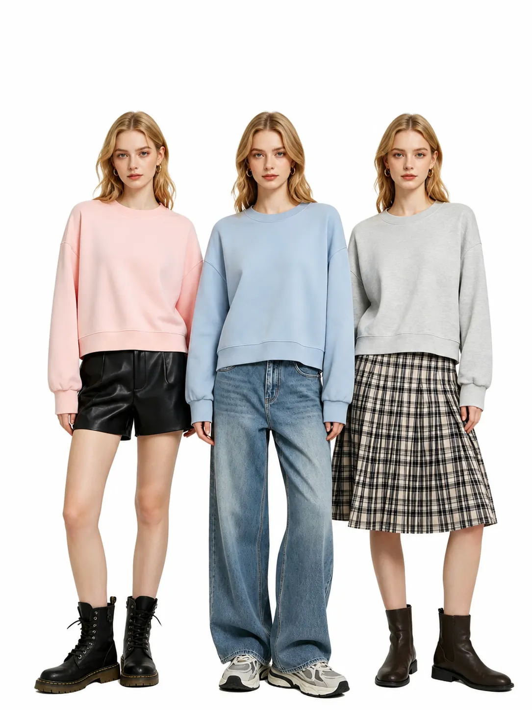 Women Cropped Crewneck Sweatshirt Solid Color Loose Fit Casual Long Sleeve Pullover Cotton Top For Women