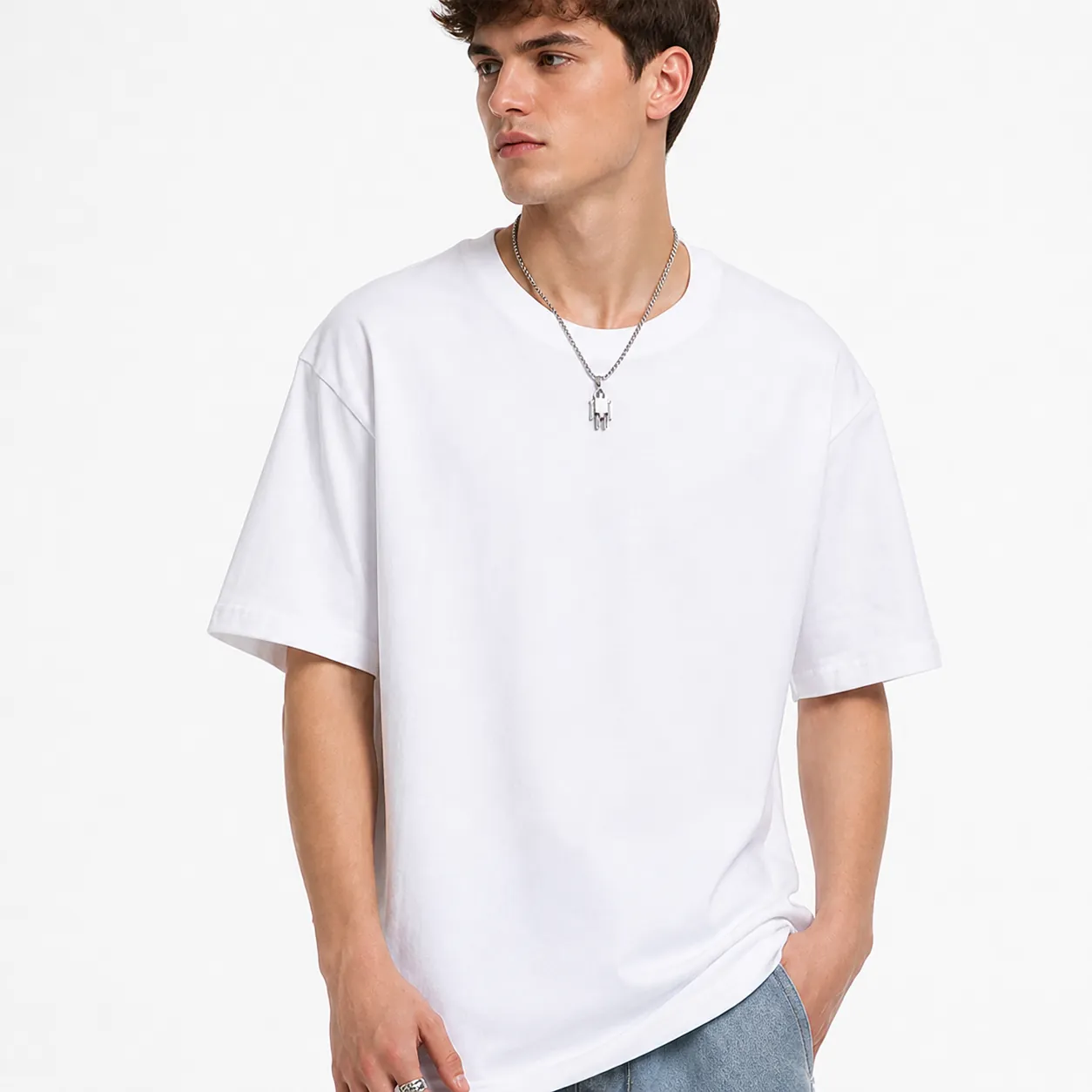 T-Shirt Unisexe en Coton Lourd Col Rond Coupe Large Manches Courtes Couleur Unie Streetwear Décontracté Été Basic Tee
