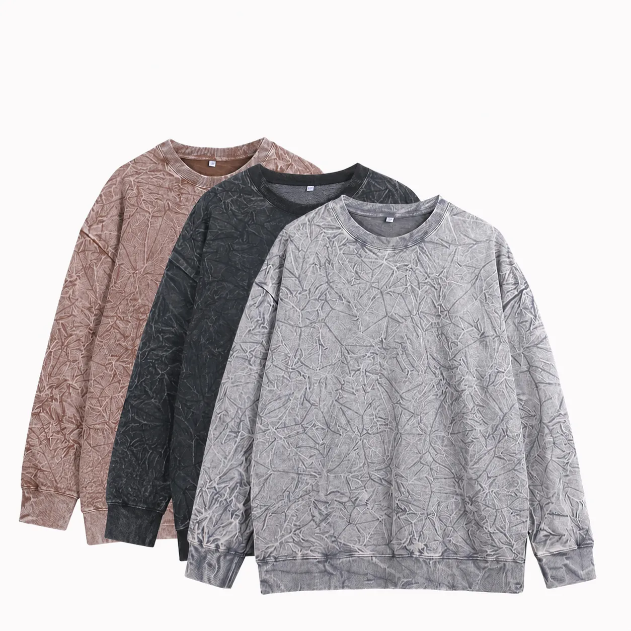 Sweat-shirt 400g Lourd Froissé Lavage à la Neige Motif Sombre French Terry Col Rond Hommes Oversize Mélange de Coton Haut