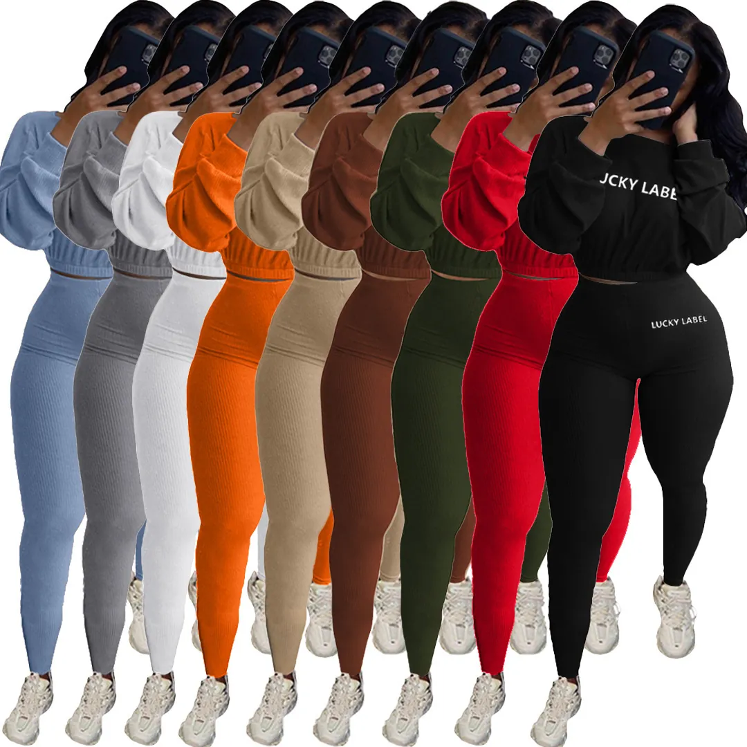 Damen Geripptes Sportlich Lässiges Top And Bottom Set Buchstabenstickerei Langarm Crop Top Und Leggings Mit Hoher Taille