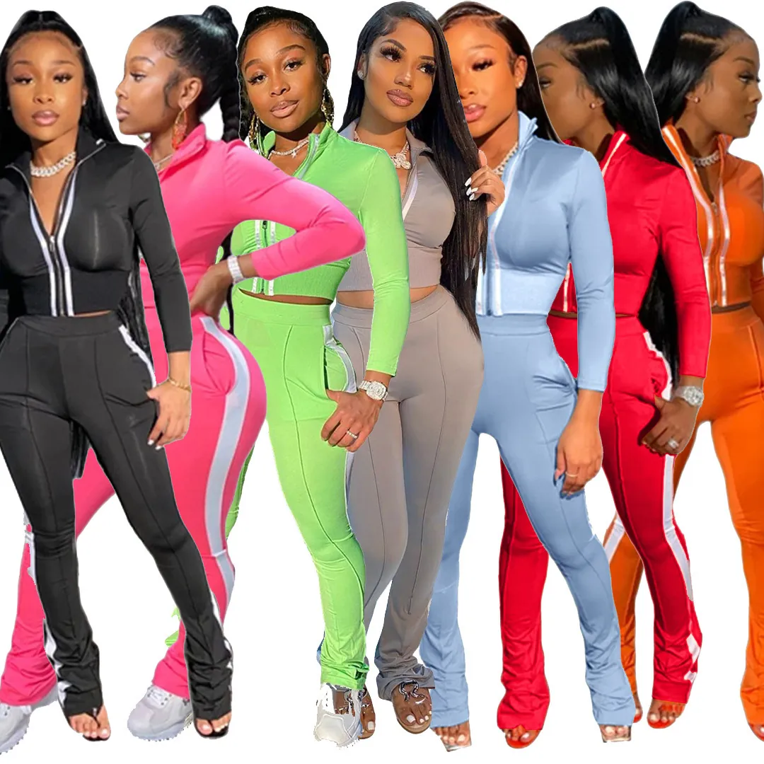 Women Casual Sports Two Piece Set Patchwork Zip Up Mock Neck Jacket And Slim Long Track Pants Tracksuit Top And Bottom