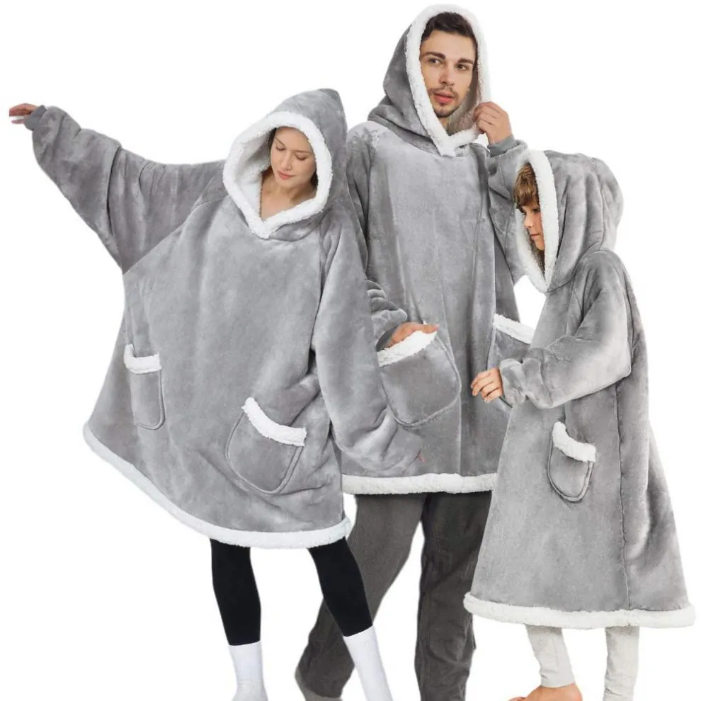 Women Oversized Wearable Blanket Hoodie Sherpa Fleece Warm Lazy Pullover Pajama Wearable TV Blanket With Pockets Top
