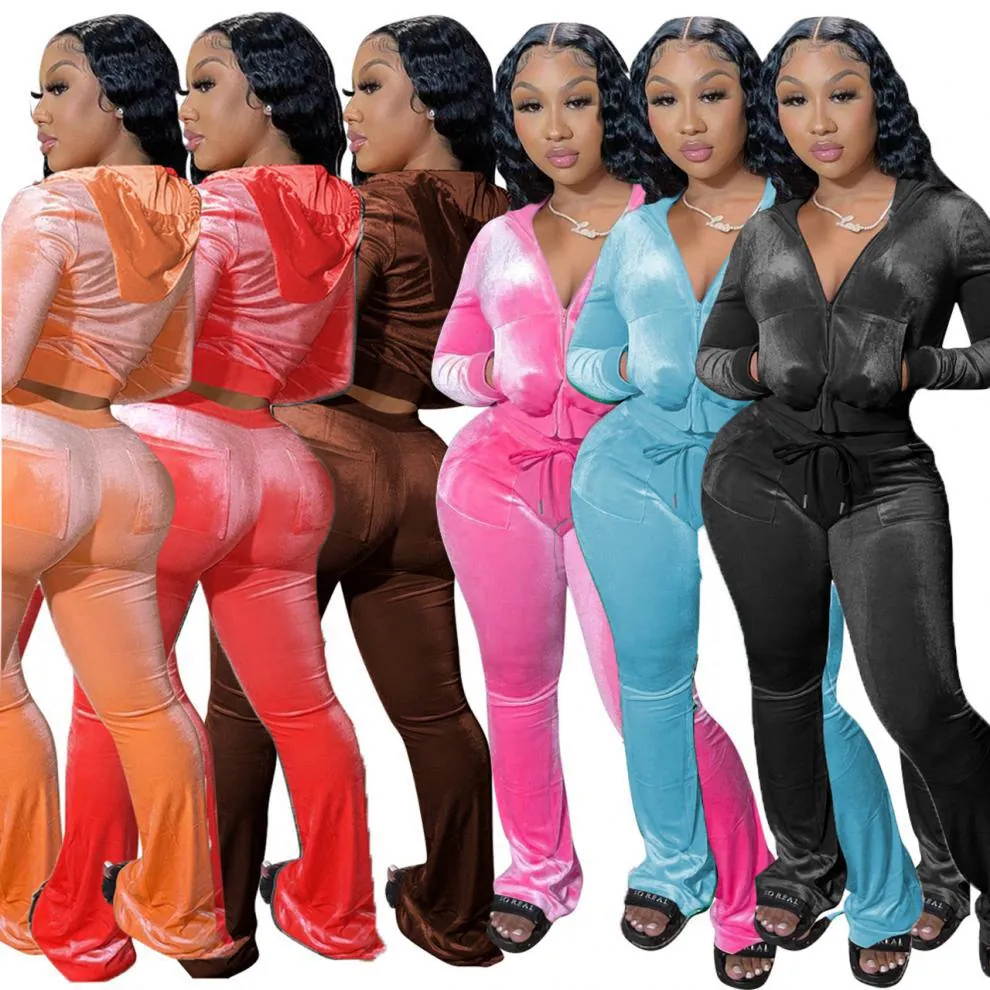 Women Casual Solid Color Spandex Hoodie And Pants Top And Bottom Set With Pockets Sporty Tracksuit