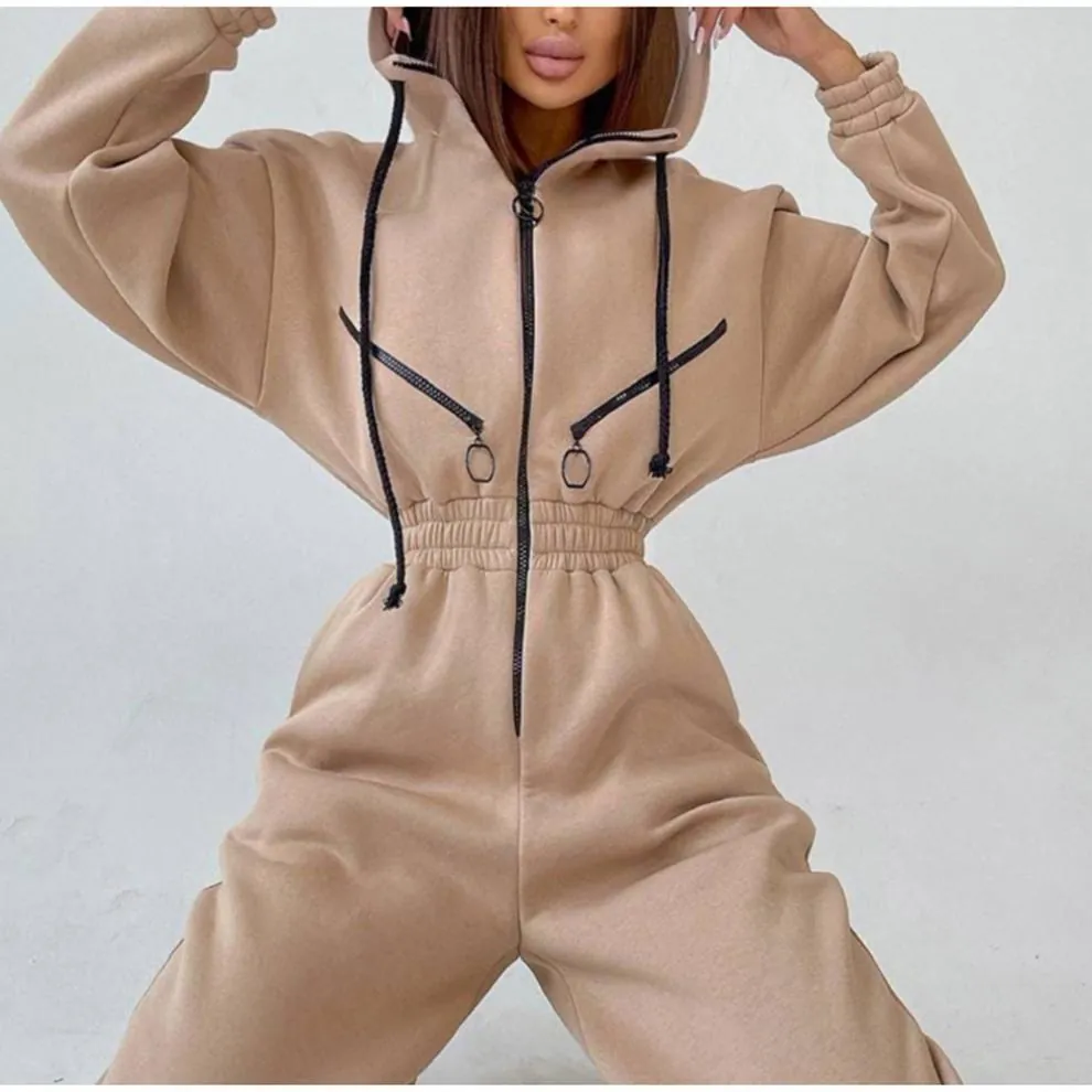Women's Casual Hooded Jumpsuit Long Sleeve Zipper Front Sweatshirt Romper One Piece Sporty Outfit Solid Color Autumn Fashion
