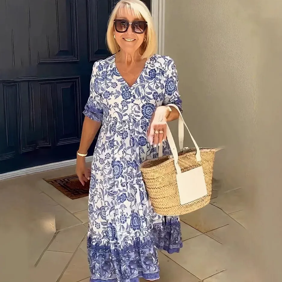 Women's Floral Tie-Dye Maxi Dress Loose Casual Printed Dress V-Neck Short Sleeve Bohemian Style Dress For Office Vacation Summer Daily