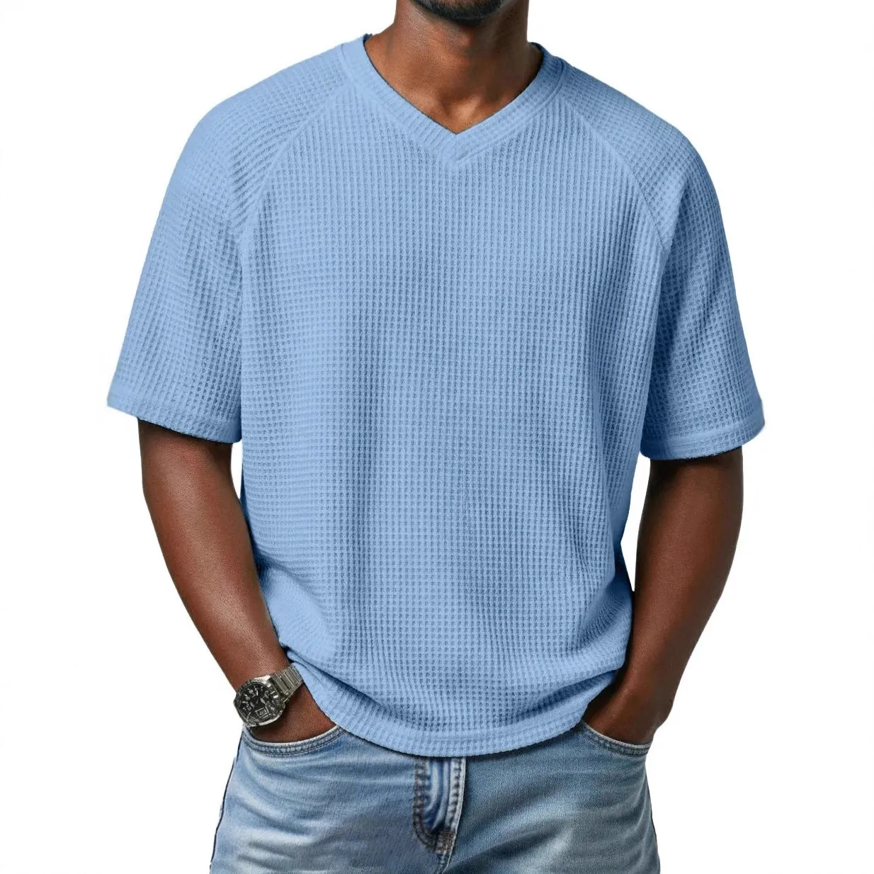 Men's Waffle Knit Cotton Blend T-Shirt Fashion Raglan Sleeve V-Neck Short Sleeve Casual Lightweight Breathable Tee Top For Men