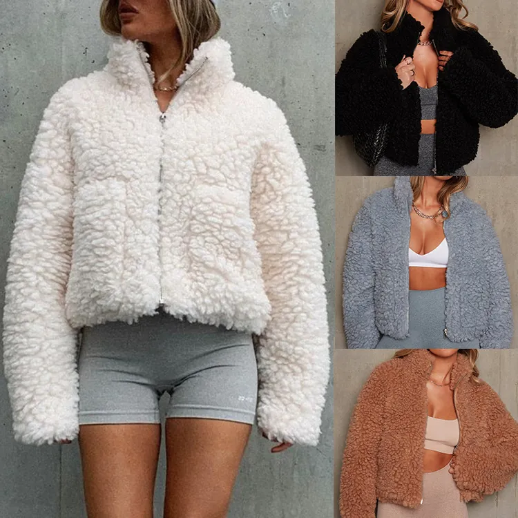 Women Casual Plush Stand Collar Zipper Jacket Short Lambswool Coat Solid Color Fuzzy Teddy Fleece Top For Autumn Winter