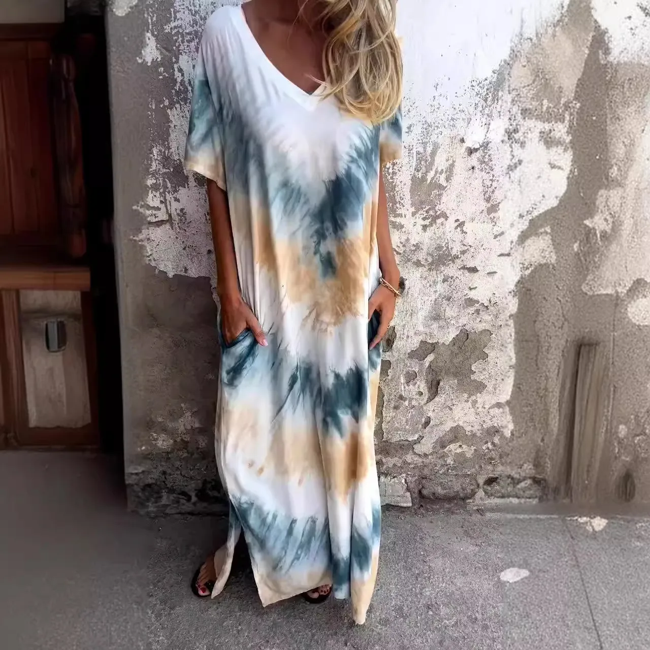 Vestito Maxi Estivo Casual da Donna Tie-Dye Sfumato Scollo a V Manica Corta Spacco Laterale Tasca Vestito Lungo Bohémien