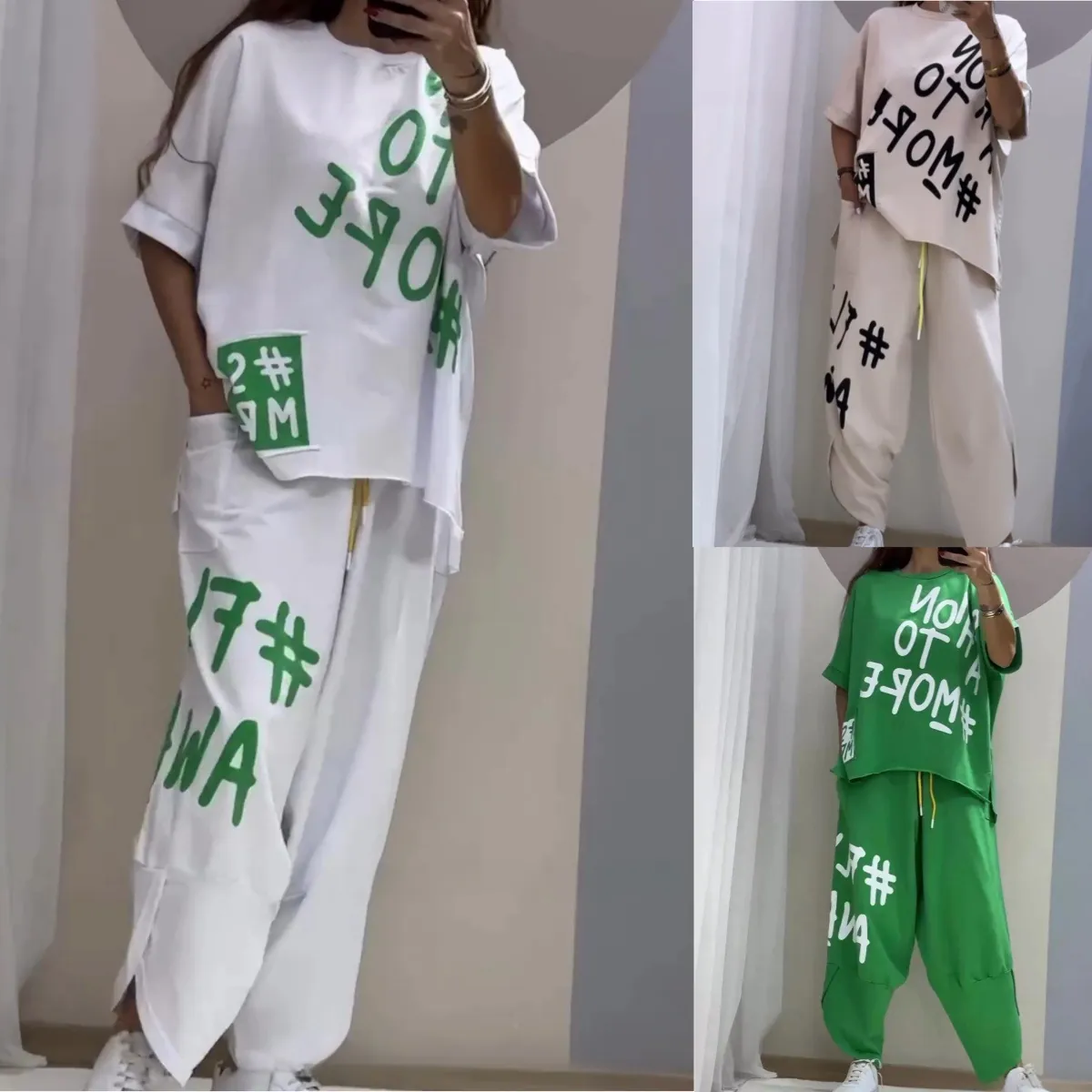 Damen Casual Buchstaben Druck Oversized Kurzarm Oberteil und Unterteil Lockerer Jogginganzug Sportliche Streetwear Tracksuit