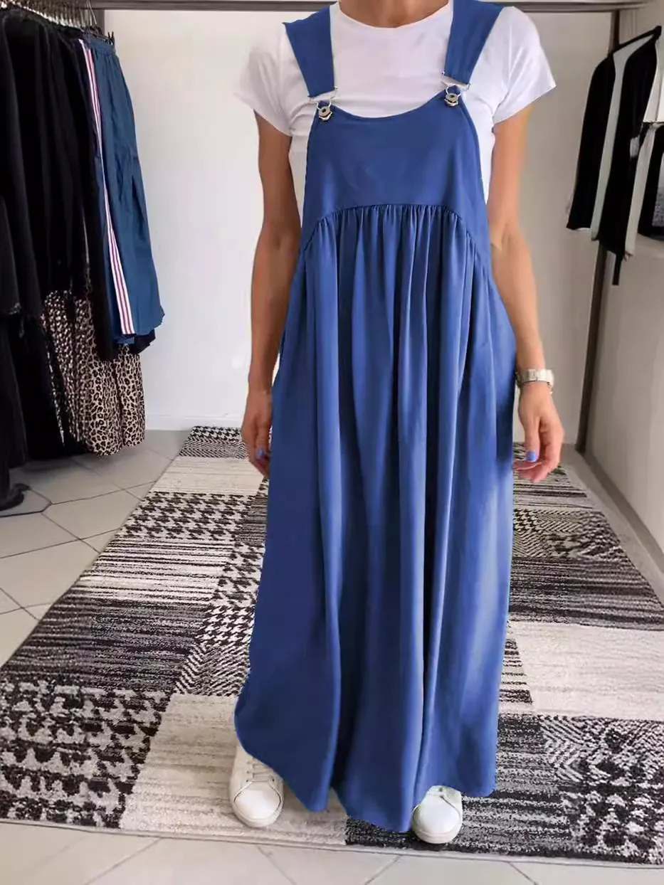 Women Cotton Linen Spaghetti Strap Maxi Dress Shirred Loose Sleeveless Casual Long Cami Dress Plus Size Vacation Wear