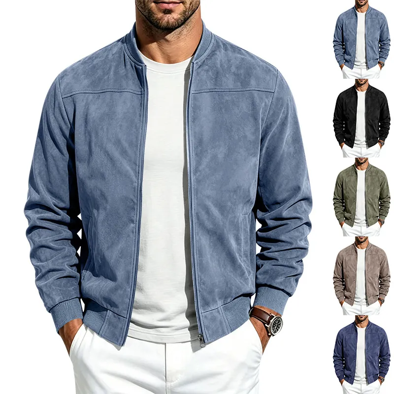 Men Suede Bomber Jacket Stand Collar Baseball Outerwear Casual Solid Color Zipper Fly Ribbed Trim Autumn Jacket For Men