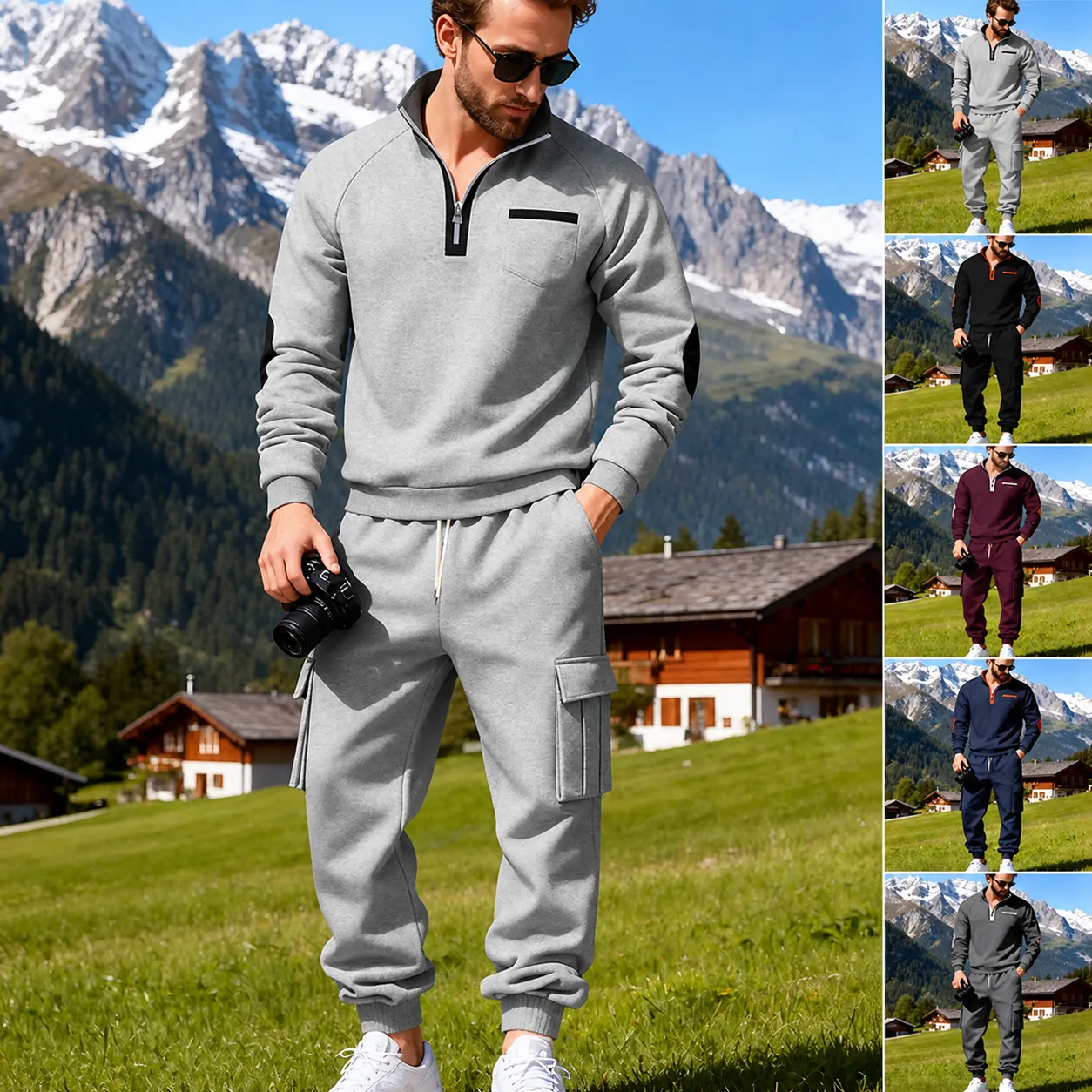 Herren Trainingsanzug Stehkragen Sweatshirt Und Cargo Jogginghose Zweiteiler Gestrickt Fleece Gefüttert Outdoor Sportbekleidung