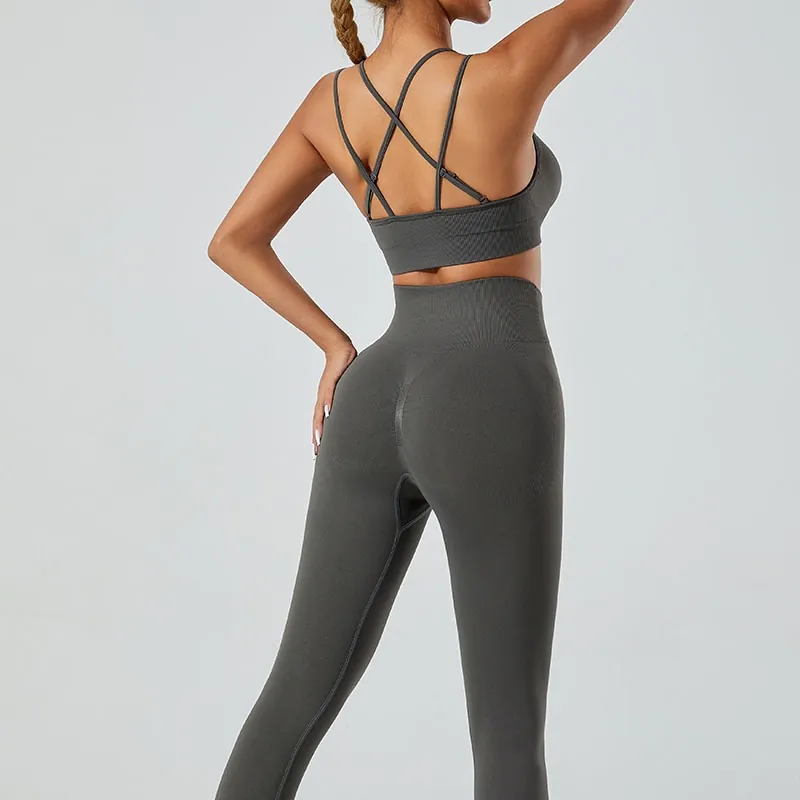 Seamless Yoga Set For Women Sexy Crisscross Back Sports Bra High Waist Gym Leggings Workout Outfit Activewear Set Top And Bottom