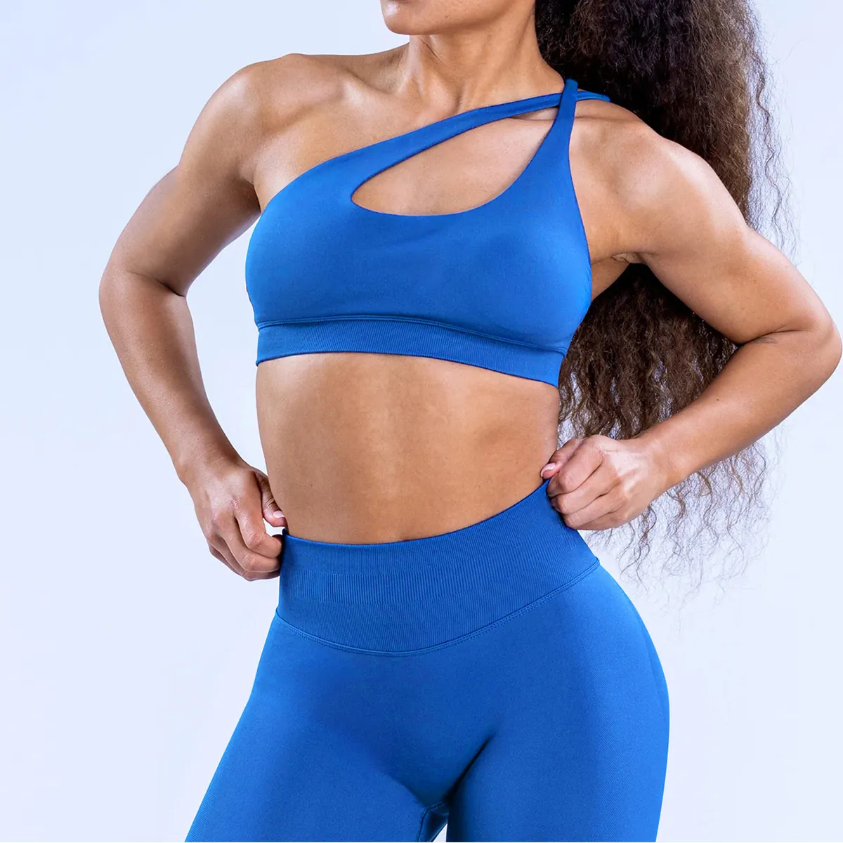 Abbigliamento Sportivo Yoga Top And Bottom Senza Cuciture in Nylon Opaco ad Alta Elasticità Monospalla con Apertura da Donna
