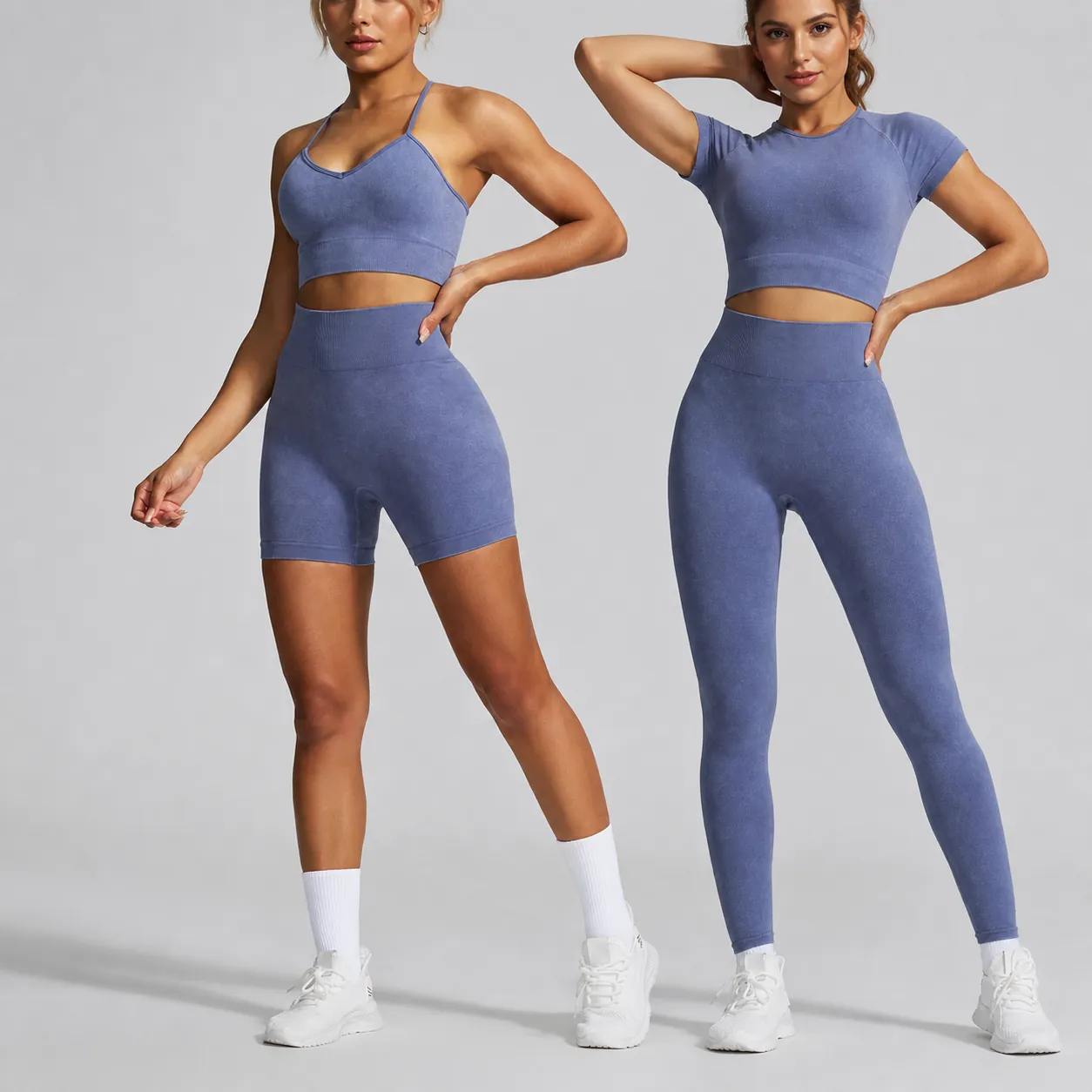 Damen Nahtloses Säurewaschung Yoga Set Hohe Taille Fitness Studio Workout Bekleidung Gerippter Sport BH Leggings Sport Set