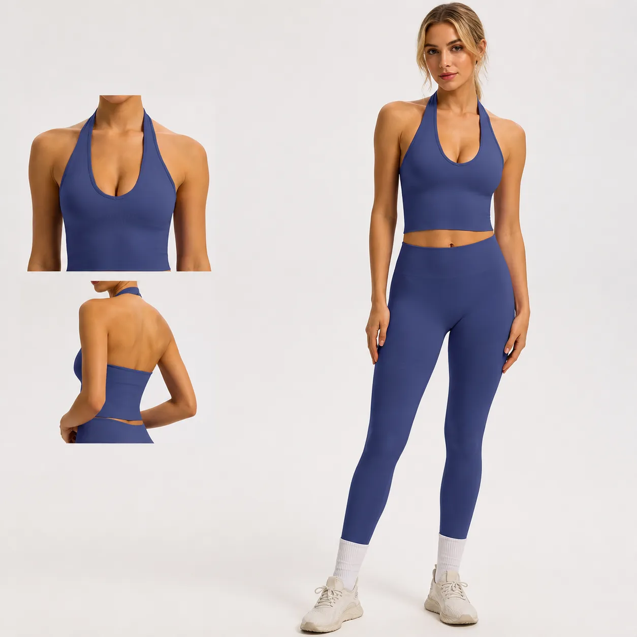 Women Seamless Halter Neck Yoga Bra Backless U-Neck Sport Top Breathable Ribbed Fitness Gym Wear Polyamide Spandex Activewear