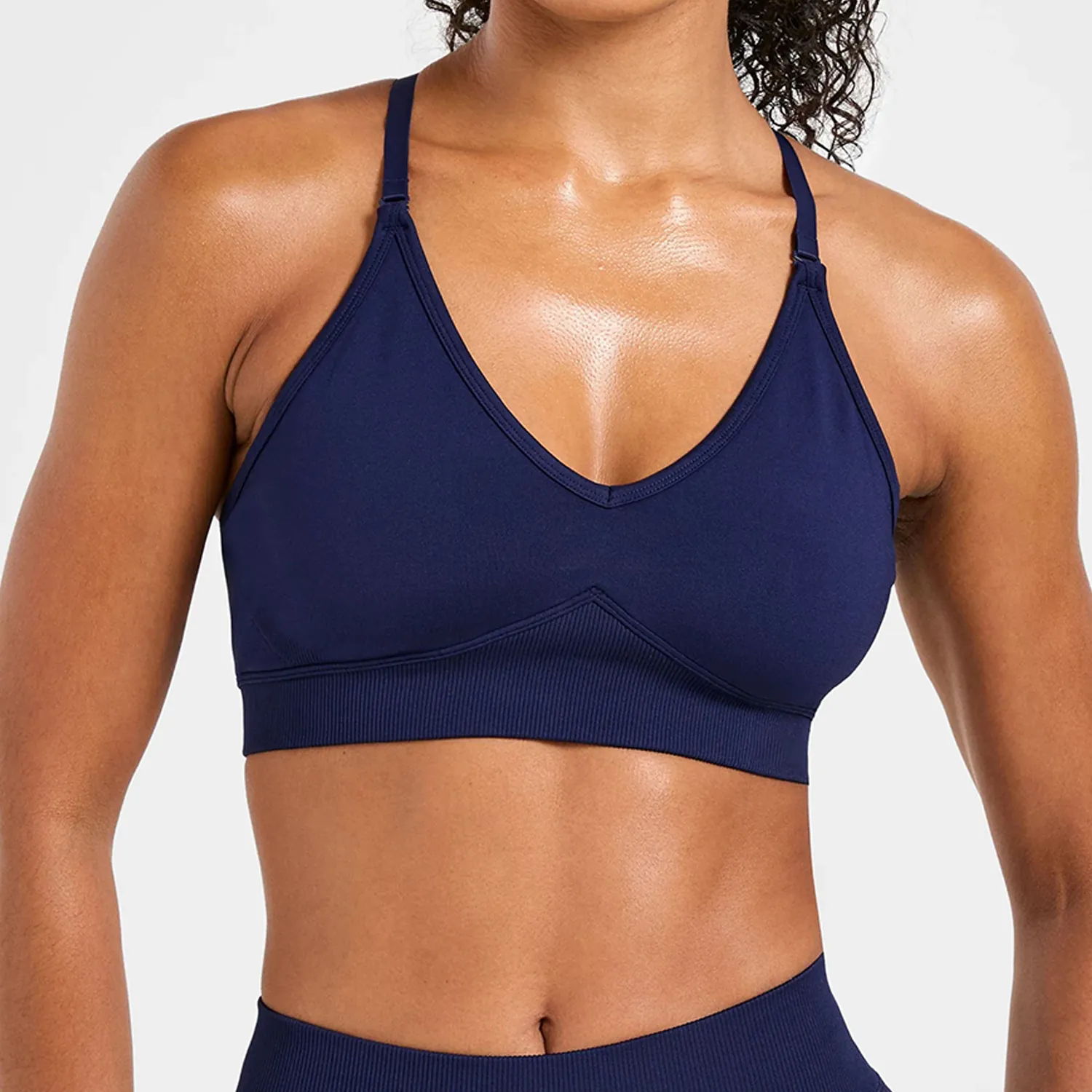 Women Double Strap Seamless Yoga Bra High Intensity Quick Dry Sports Top V-Neck Ribbed Hem Fitness Running Gym Workout Tank Top