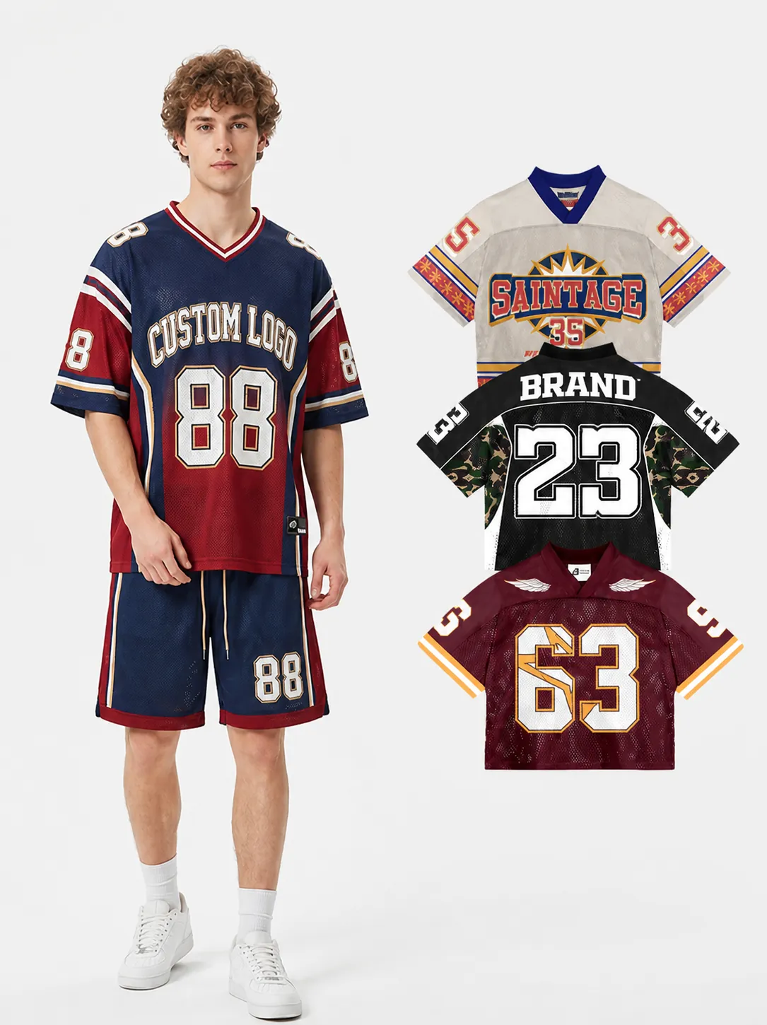 Men Loose V-Neck Sports T-Shirt Top Cotton Blend Breathable Mesh American Retro Style Graphic Printed Youth Athletic Jersey Top
