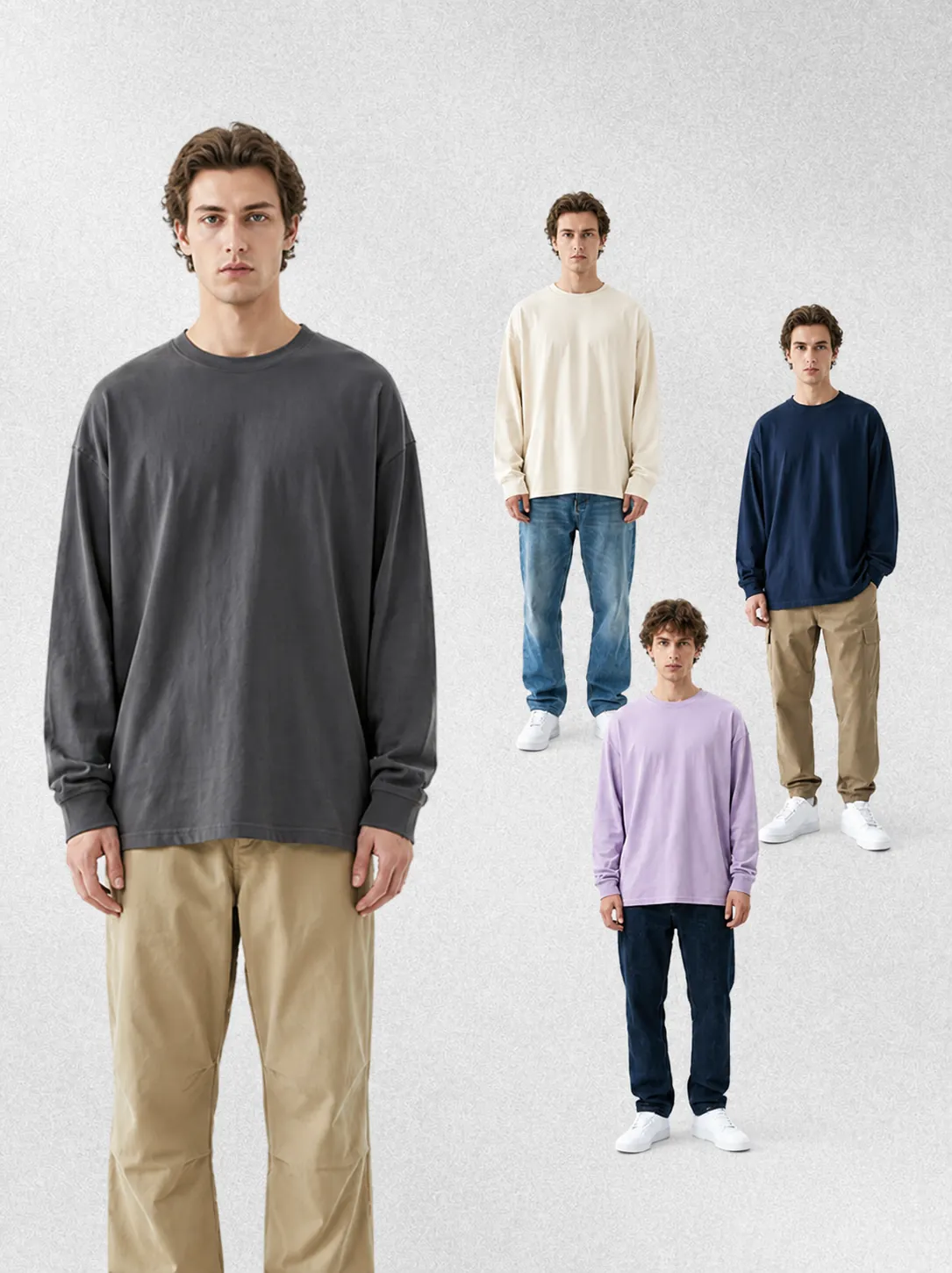 Heren Gekamd Katoen T-Shirt met Lange Mouwen Effen Kleur Pullover Ronde Hals Losse Top Casual Afhangende Schouder
