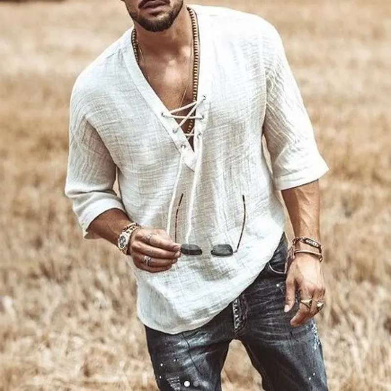 Casual Katoenen T-Shirt voor Heren V-hals Vetersluiting Oogje Halve Mouw Vintage Effen Kleur Los Ademend Top voor Zomer Buiten