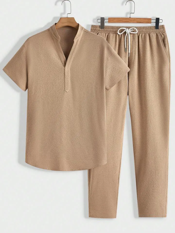 Men Casual Set With Top And Bottom Short Sleeve V-Neck Henley Shirt and Long Pants Waffle Textured Summer Outfit