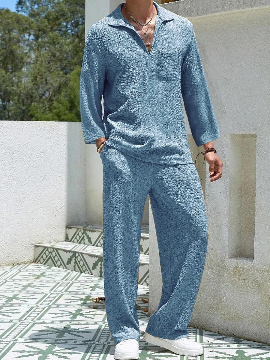 Ensemble Top Et Bottom Décontracté Pour Hommes En Polyester Texturé Chemise À Manches Longues Avec Col En V Et Pantalon Droit Ensemble De Vêtements Smart Casual Pour Hommes