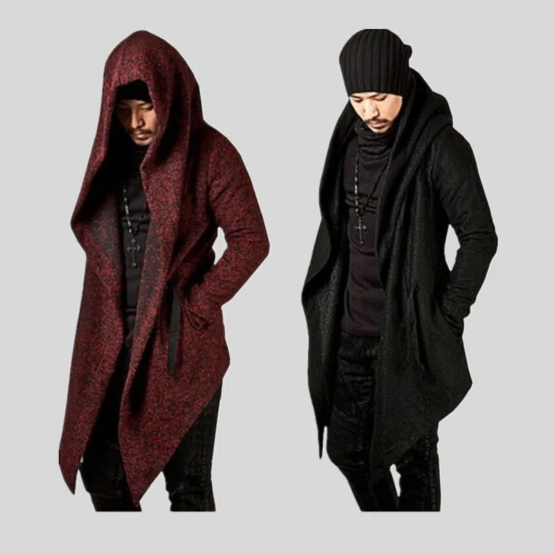 Men Long Hooded Windbreaker Jacket Irregular Hem Open Front Cardigan Cotton Mid-Length Streetwear Gothic Outerwear Top