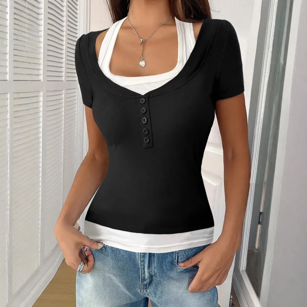 Damen Casual Lagen-Look Eckiger Ausschnitt Farbblock Kurzarm T-Shirt Slim Fit Knopf Dekor Rippstrick Top Mode Tee