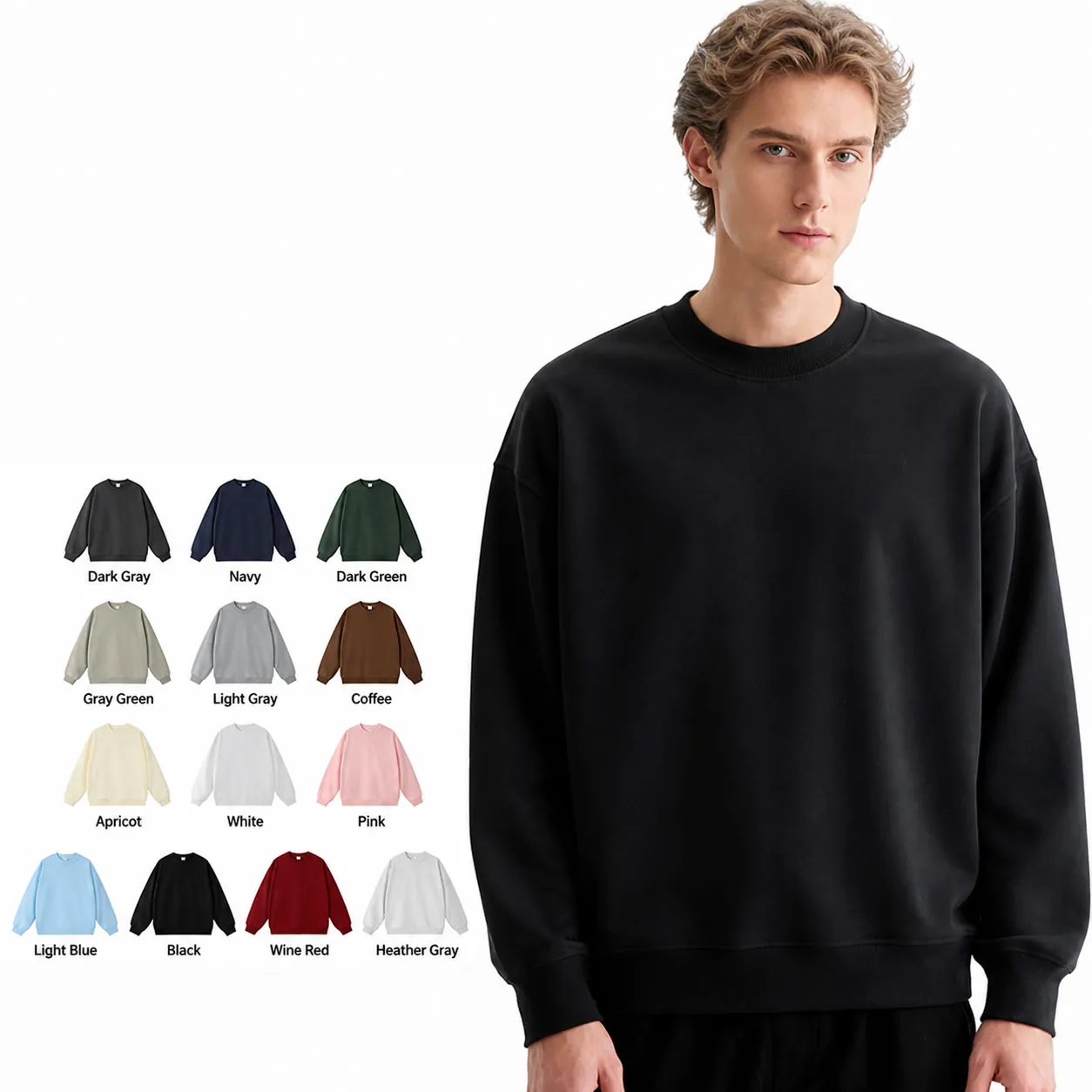 Felpa da Uomo Casual a Girocollo in French Terry Pesante Spalle Calate Pullover Oversize Tinta Unita Streetwear Trendy Top