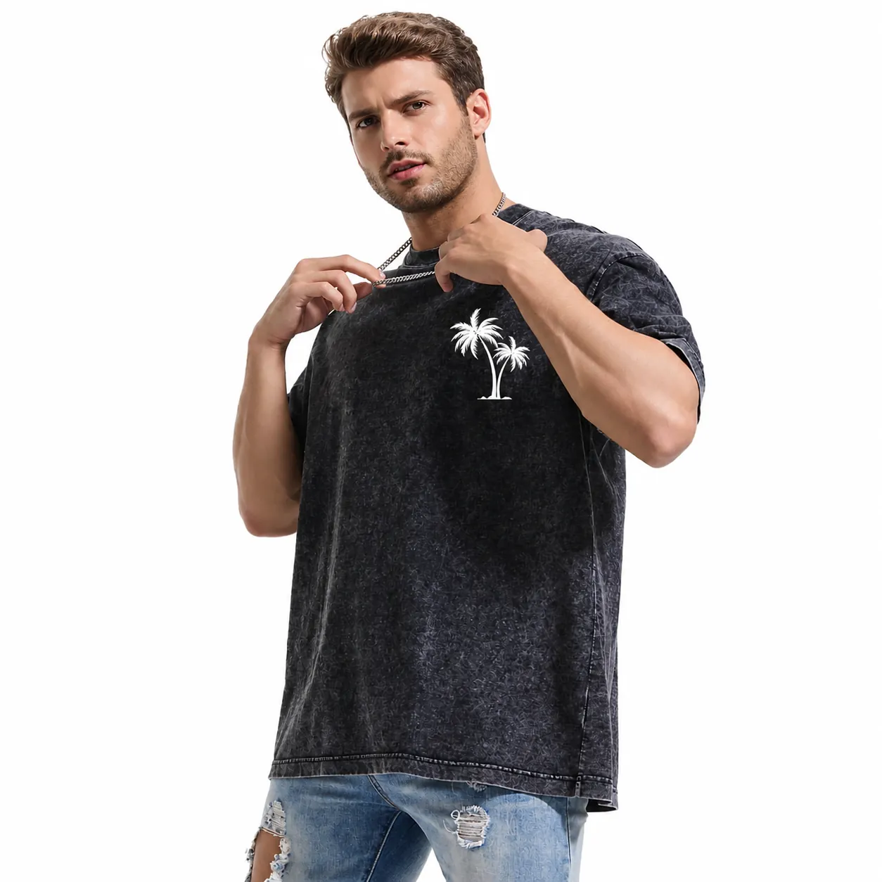 T-Shirt Homme en Coton Délavé Épaules Tombantes Imprimé Palmier Surdimensionné Manches Courtes Haut Graphique pour Streetwear