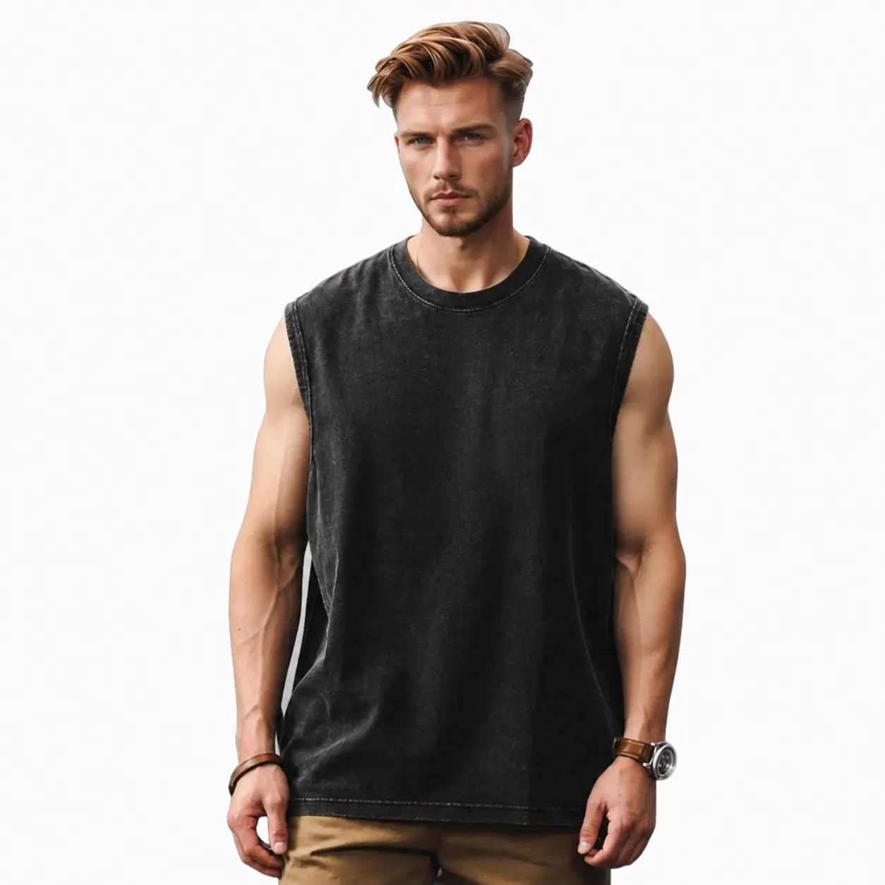 Men Vintage Acid Washed Tank Top Oversize Cotton Sleeveless Vest Retro Loose Streetwear Sport Casual Gym Top Soft Breathing