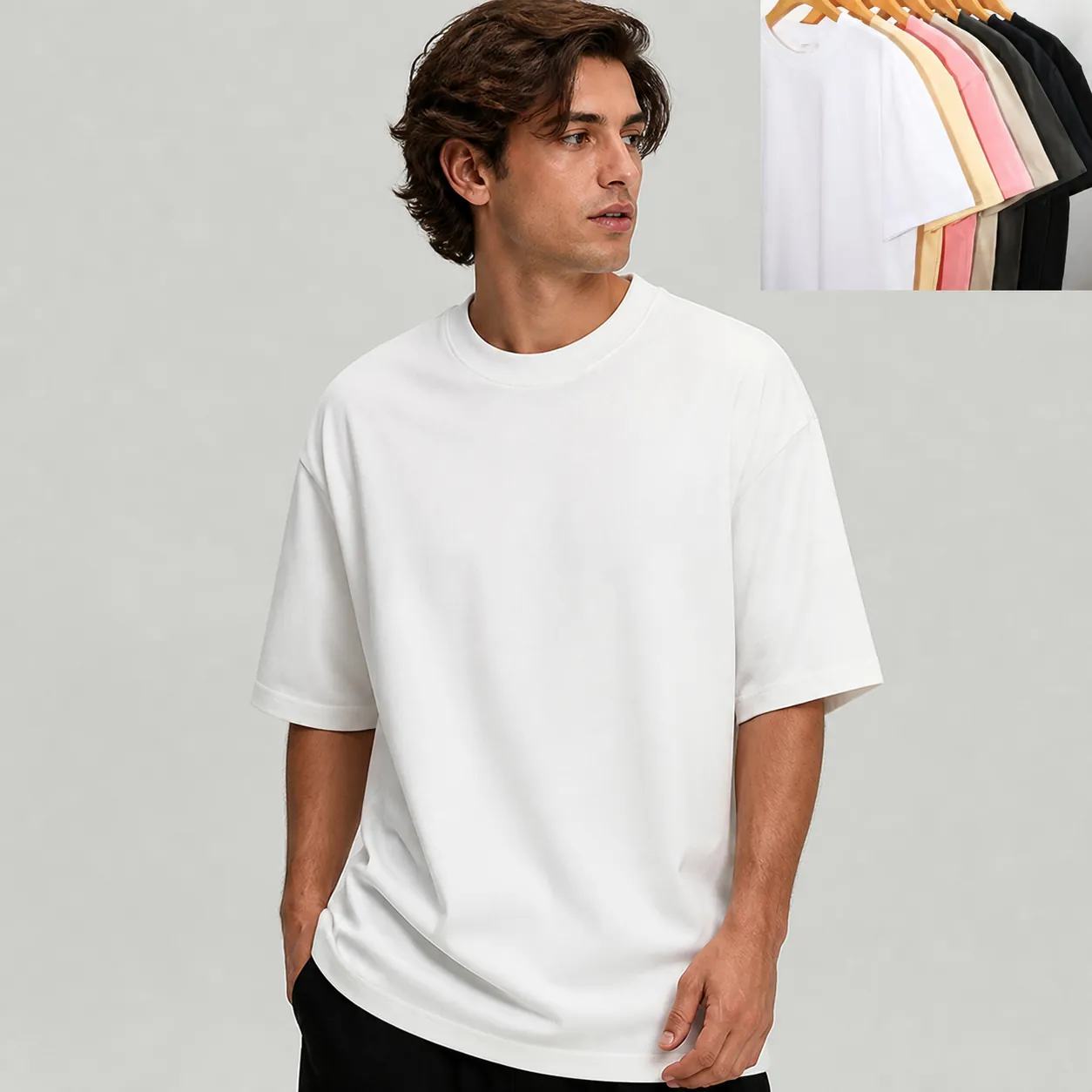 T-Shirt en Coton Poids Lourd pour Hommes Oversize Épaules Tombantes Coupe Large Couleur Unie Manches Courtes