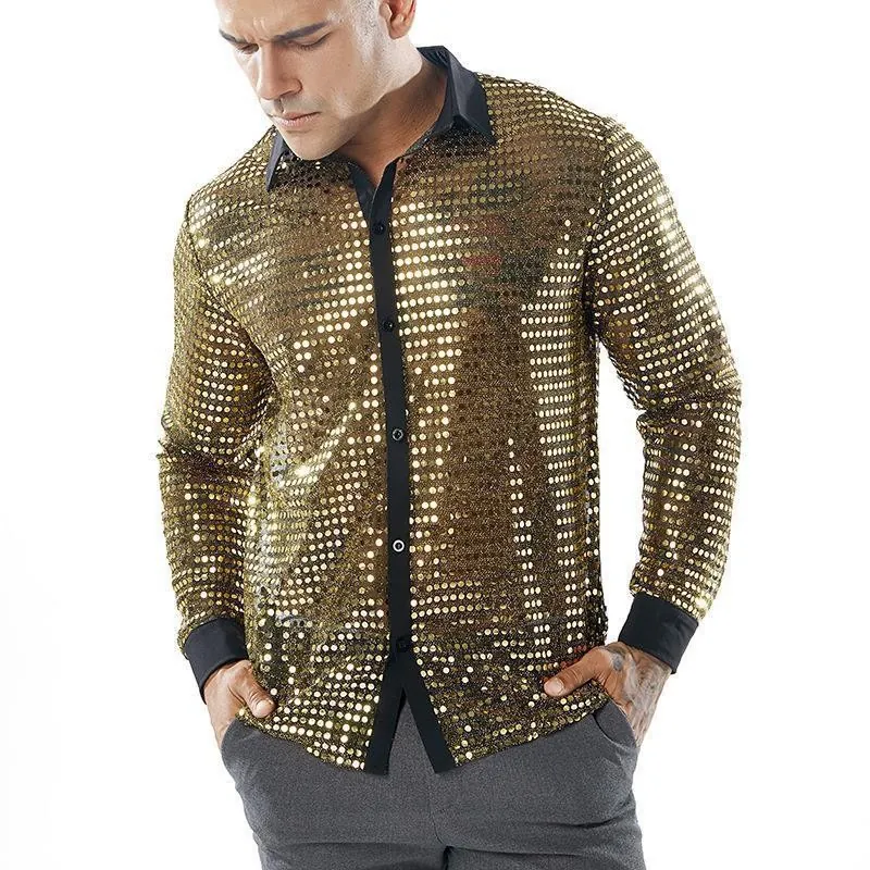 Herren Pailletten Langarmshirt 70er Jahre Disco Party Performance Kleidung Retro Slim Fit Revers Glänzendes Metallic Top Für Herren