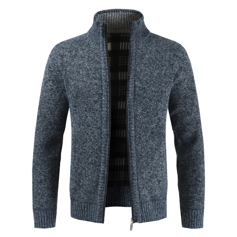 Men's Casual Knit Cardigan Sweater Jacket Wool Blend Stand Collar Zipper Thick Warm Melange Knitted Coat With Plaid Lining