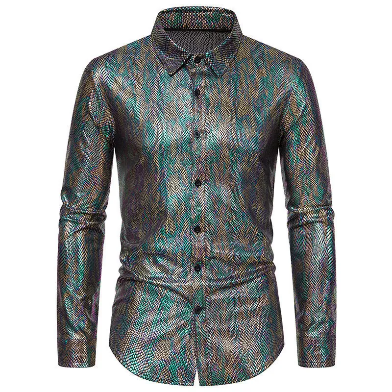 Metalen Slangenleer Goudstempel Heren Overhemd Lange Mouw Punk Mode Knoopsluiting Top Performance Party Shirt