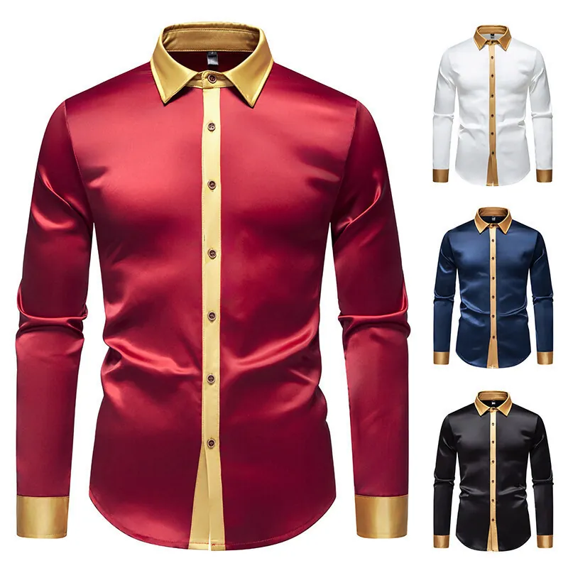 Herren Luxus Satin Patchwork Langarmhemd Seidig Glatt Kontrastfarbe Button Down Casual Hemd Tops Retro Formales Hemd