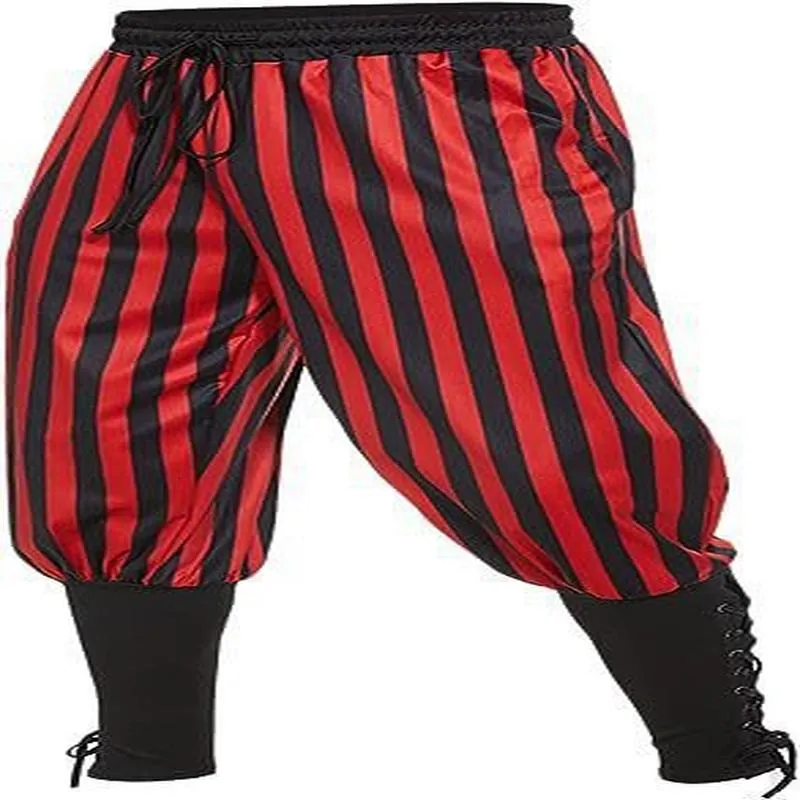 Heren Middeleeuwse Viking Piraat Broek Katoenlinnen Gestreepte Vetersluiting Renaissance Broek Steampunk Cosplay Kostuum Gotisch Enkelbinding Broek