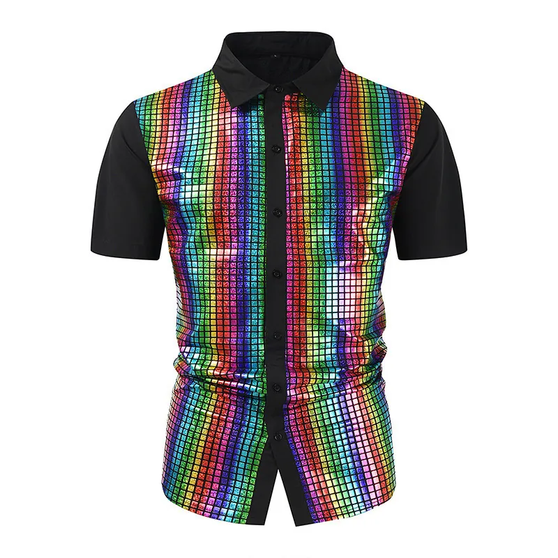 Men's Sequin Party Dress Shirt Short Sleeve Lapel Button Down Shiny Stage Performance Cosplay Costume Top