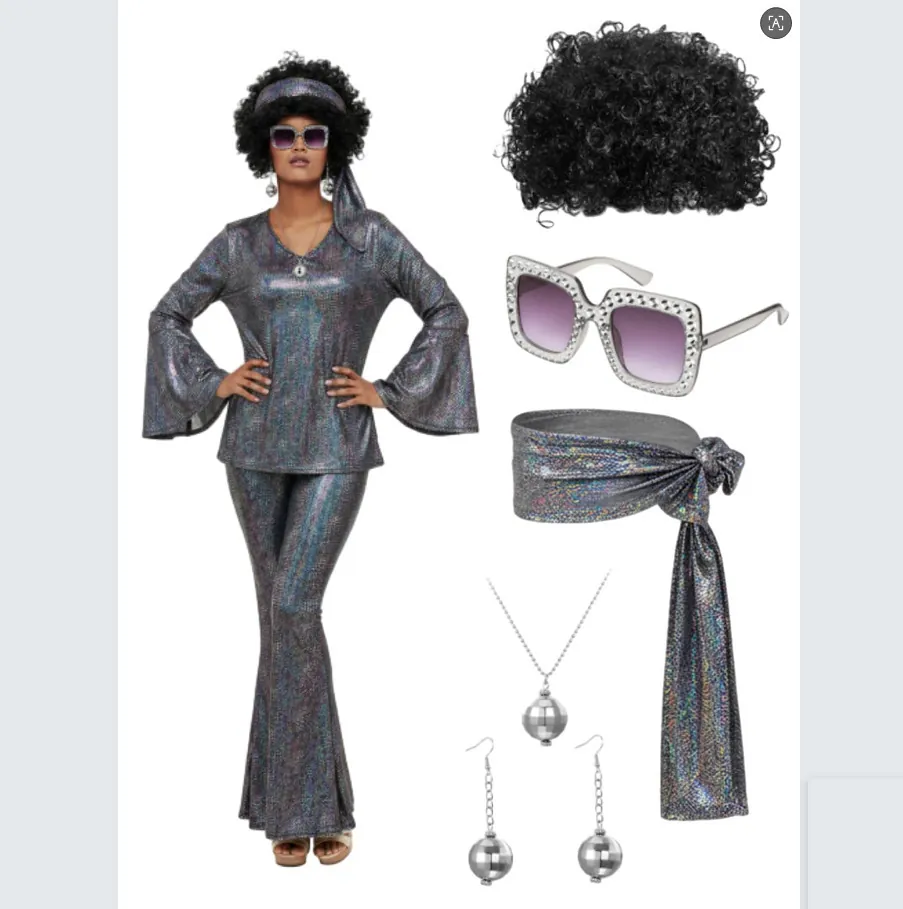 Costume Disco Anni 70 da Donna Sopra e Sotto Con Parrucca Afro Occhiali da Sole Collana Orecchini Completo Retrò