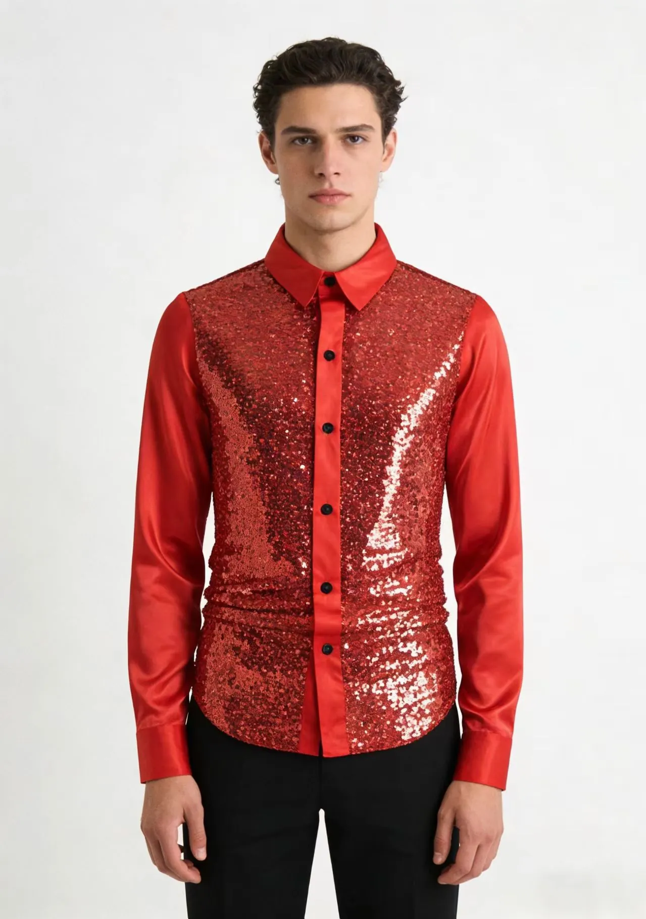 Men Shiny Sequin Long Sleeve Shirt Slim Fit Nightclub Stage Performance Dance Costume Top Gold Silver Sequin Splicing Satin Shirt