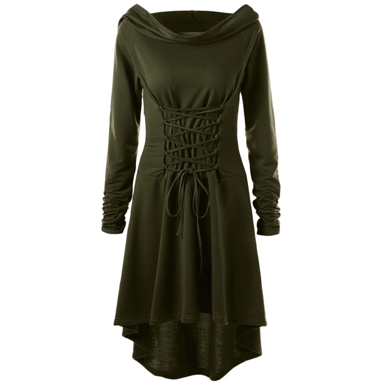 Abito Gotico Medievale da Donna Con Cappuccio Manica Lunga Stringato Corsetto Orlo Irregolare Retro Tinta Unita Costume da Festa di Halloween